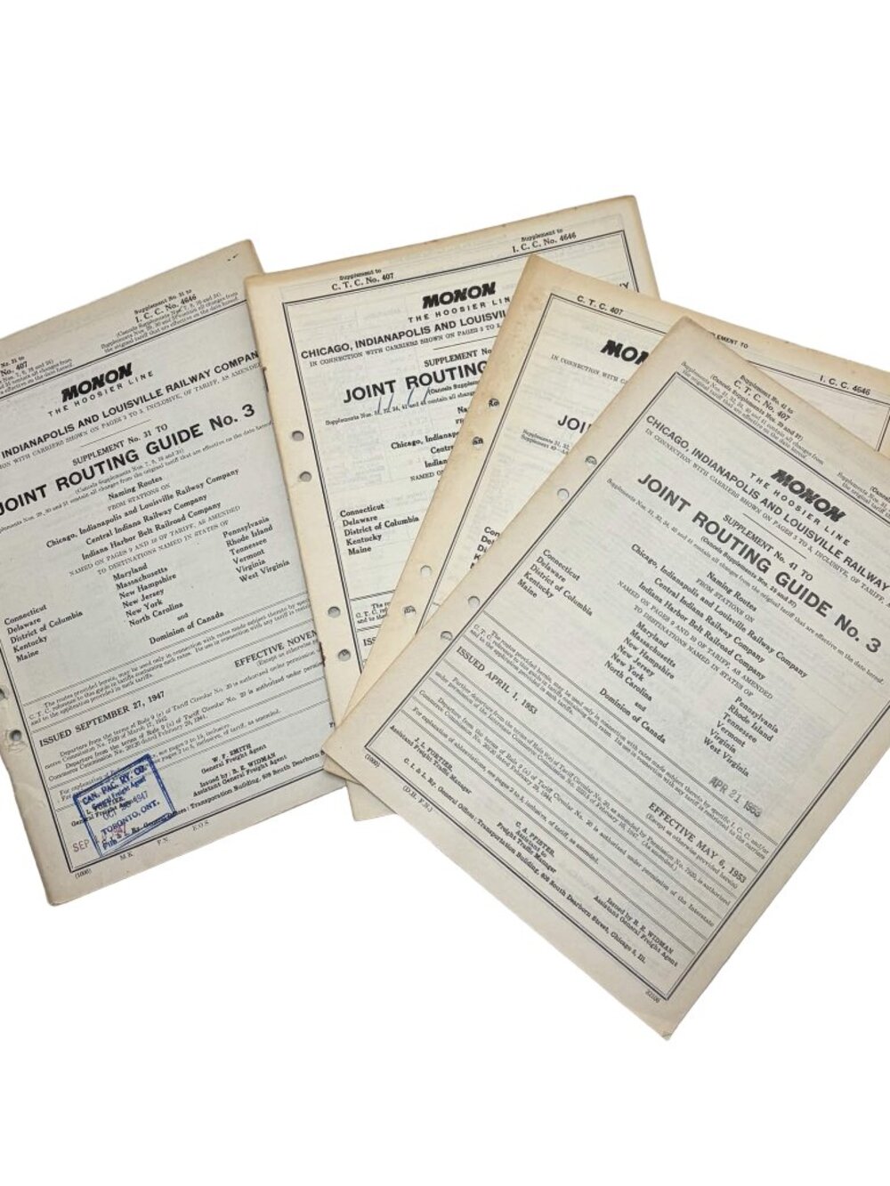 4 Pcs Vintage Monon Railroad Hoosier Line Joint Routing Guide No. 3 1947-1959